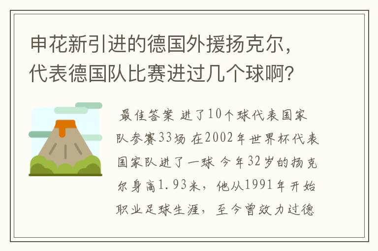 申花新引进的德国外援扬克尔，代表德国队比赛进过几个球啊？在韩日世界杯上有过进球吗？