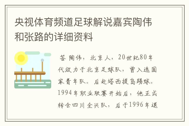 央视体育频道足球解说嘉宾陶伟和张路的详细资料