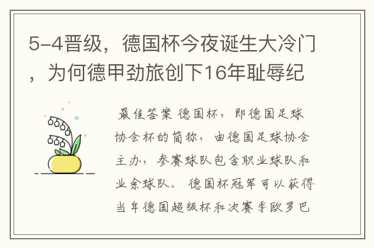 5-4晋级，德国杯今夜诞生大冷门，为何德甲劲旅创下16年耻辱纪录？