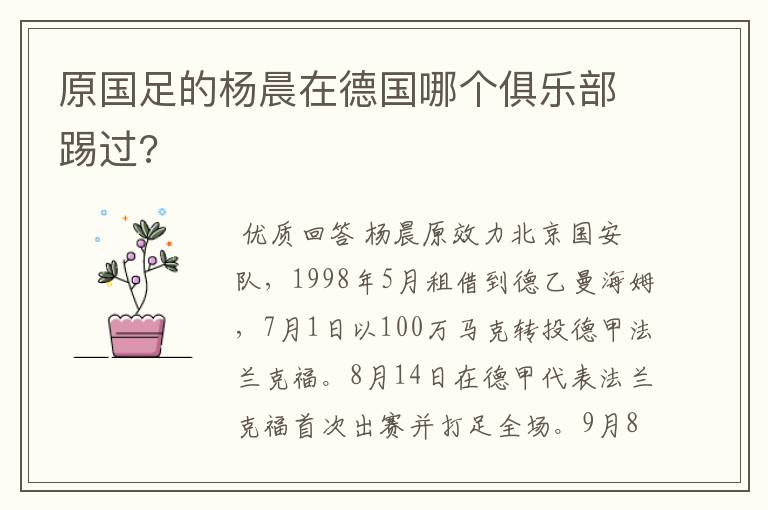 原国足的杨晨在德国哪个俱乐部踢过?