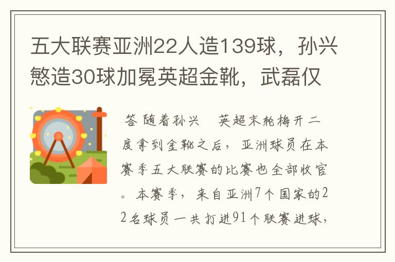 五大联赛亚洲22人造139球，孙兴慜造30球加冕英超金靴，武磊仅1球