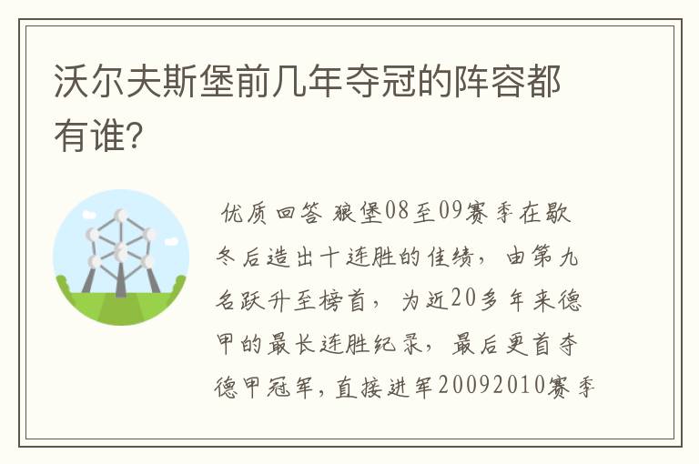 沃尔夫斯堡前几年夺冠的阵容都有谁？