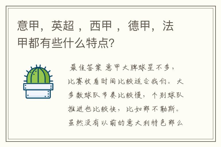 意甲，英超 ，西甲 ，德甲，法甲都有些什么特点？