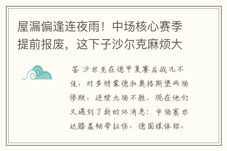 屋漏偏逢连夜雨！中场核心赛季提前报废，这下子沙尔克麻烦大了