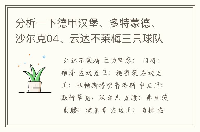 分析一下德甲汉堡、多特蒙德、沙尔克04、云达不莱梅三只球队的人员打法和阵型