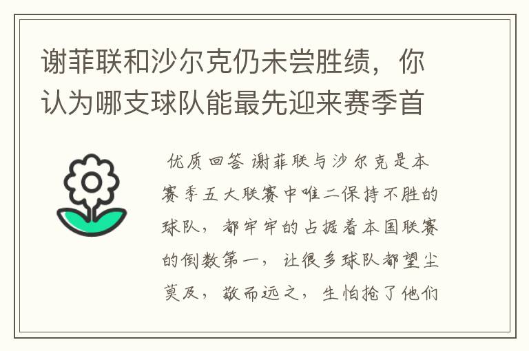 谢菲联和沙尔克仍未尝胜绩，你认为哪支球队能最先迎来赛季首胜？