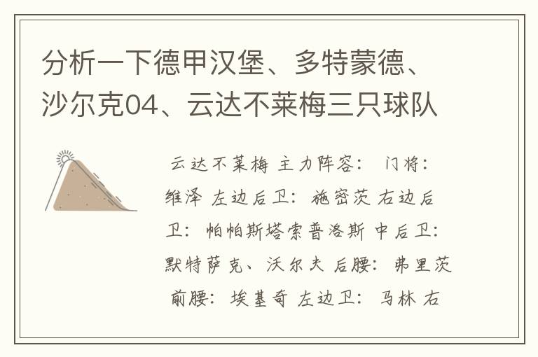 分析一下德甲汉堡、多特蒙德、沙尔克04、云达不莱梅三只球队的人员打法和阵型