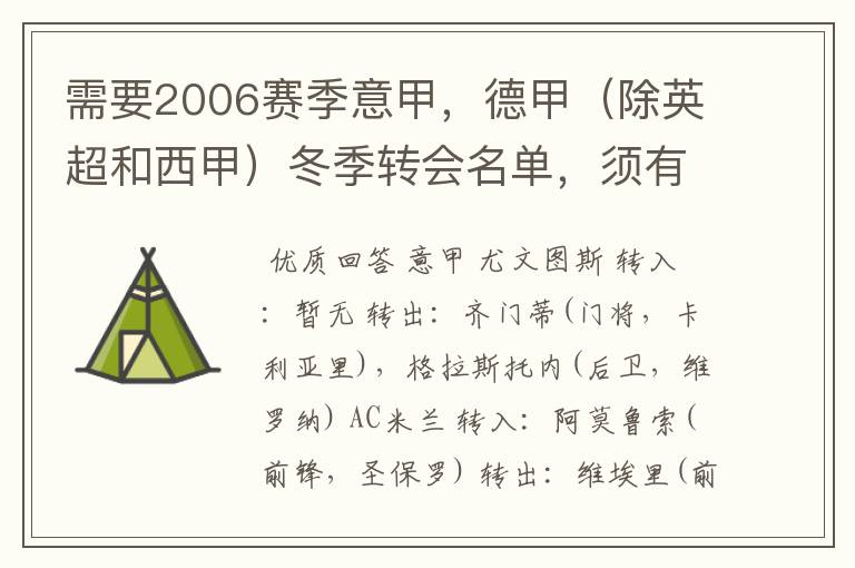 需要2006赛季意甲，德甲（除英超和西甲）冬季转会名单，须有转会方式