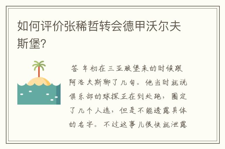 如何评价张稀哲转会德甲沃尔夫斯堡？