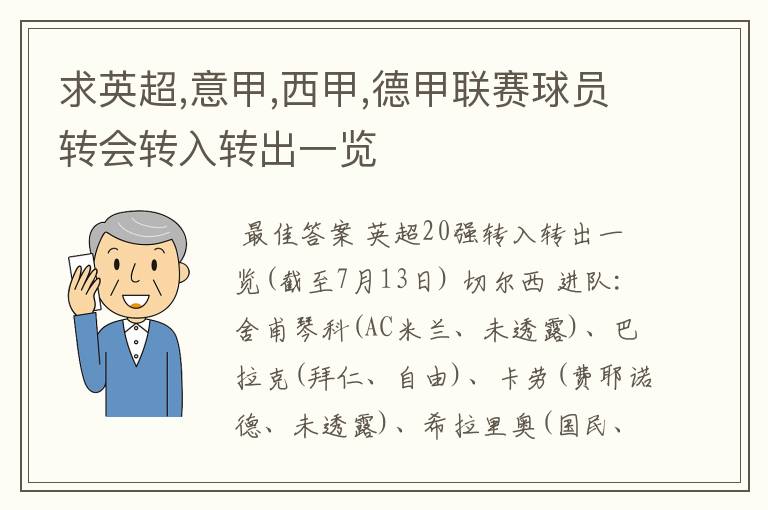 求英超,意甲,西甲,德甲联赛球员转会转入转出一览