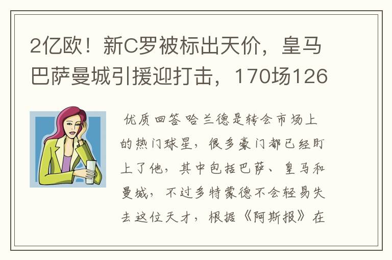 2亿欧！新C罗被标出天价，皇马巴萨曼城引援迎打击，170场126球