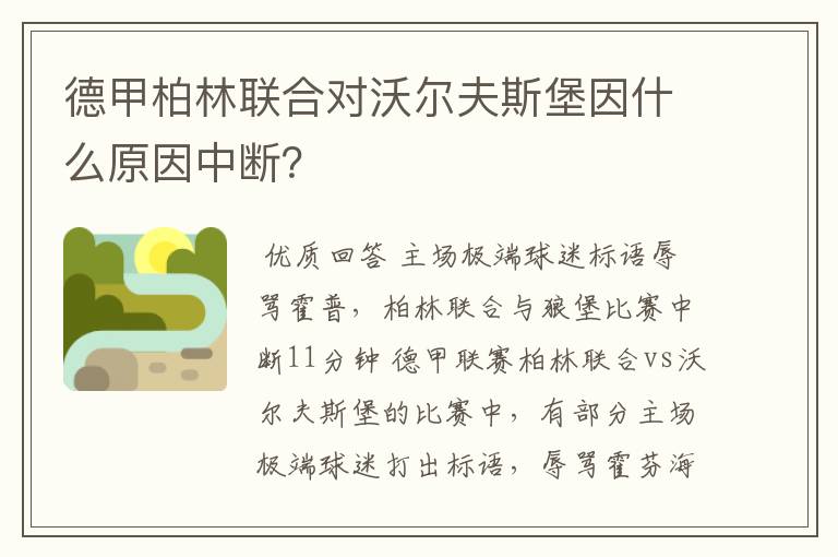 德甲柏林联合对沃尔夫斯堡因什么原因中断？