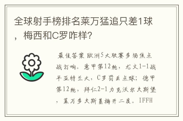 全球射手榜排名莱万猛追只差1球，梅西和C罗咋样？