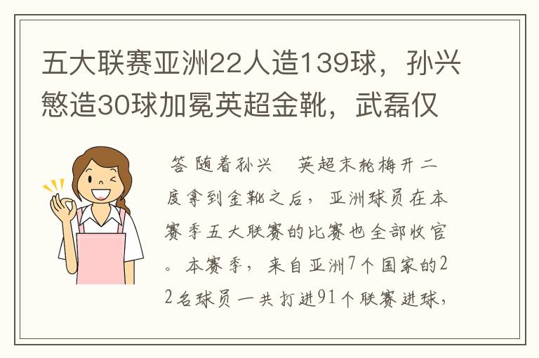 五大联赛亚洲22人造139球，孙兴慜造30球加冕英超金靴，武磊仅1球