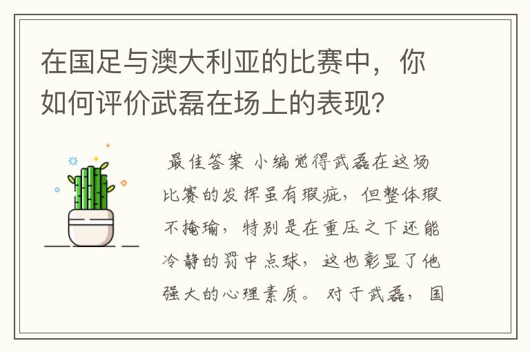 在国足与澳大利亚的比赛中，你如何评价武磊在场上的表现？