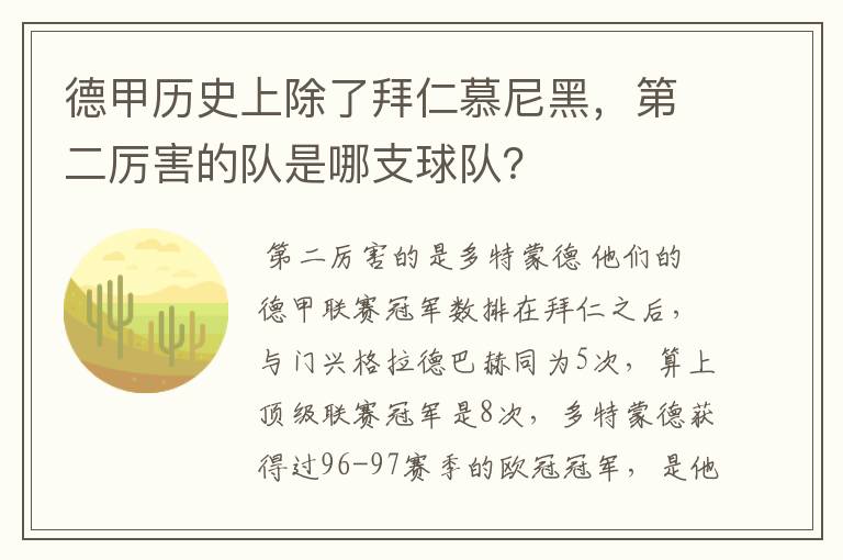 德甲历史上除了拜仁慕尼黑，第二厉害的队是哪支球队？