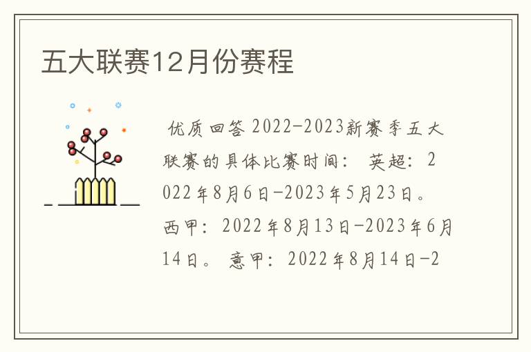 五大联赛12月份赛程