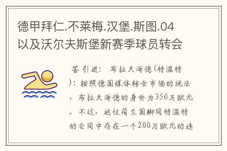 德甲拜仁.不莱梅.汉堡.斯图.04以及沃尔夫斯堡新赛季球员转会一览