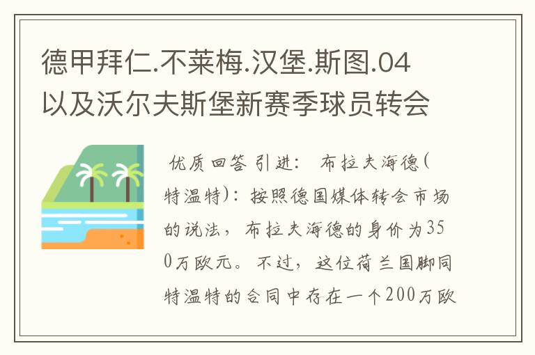 德甲拜仁.不莱梅.汉堡.斯图.04以及沃尔夫斯堡新赛季球员转会一览