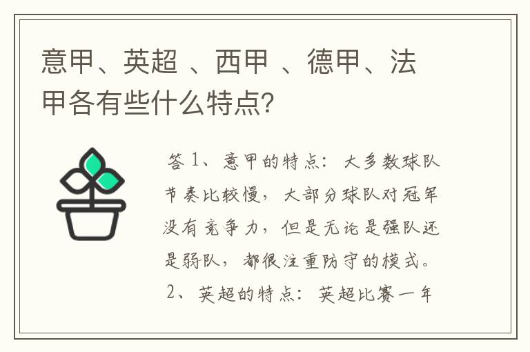 意甲、英超 、西甲 、德甲、法甲各有些什么特点？