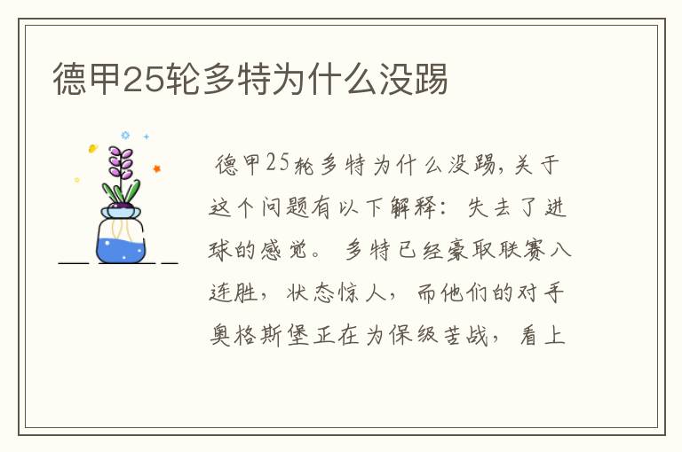 德甲25轮多特为什么没踢