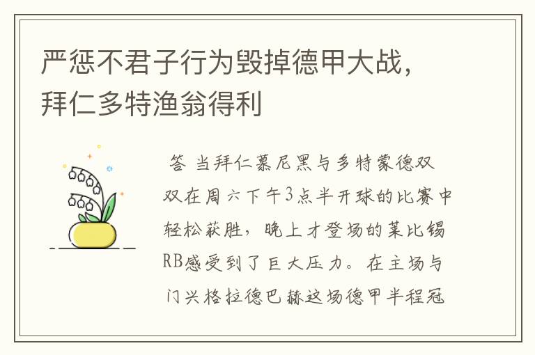 严惩不君子行为毁掉德甲大战，拜仁多特渔翁得利