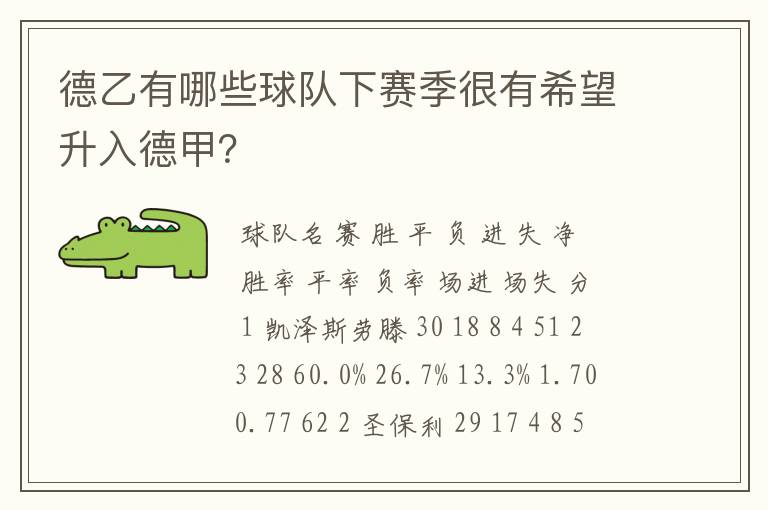 德乙有哪些球队下赛季很有希望升入德甲？