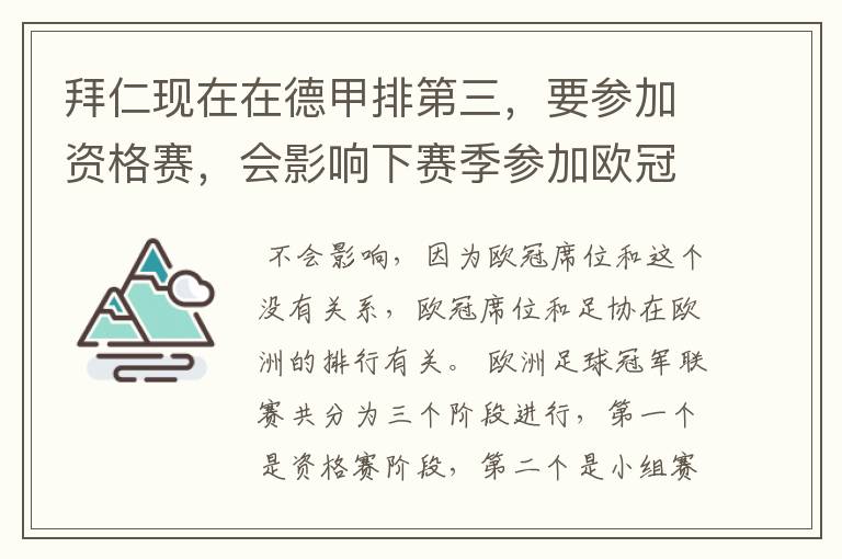 拜仁现在在德甲排第三，要参加资格赛，会影响下赛季参加欧冠的席位吗？还有这个资格赛是什么意思？