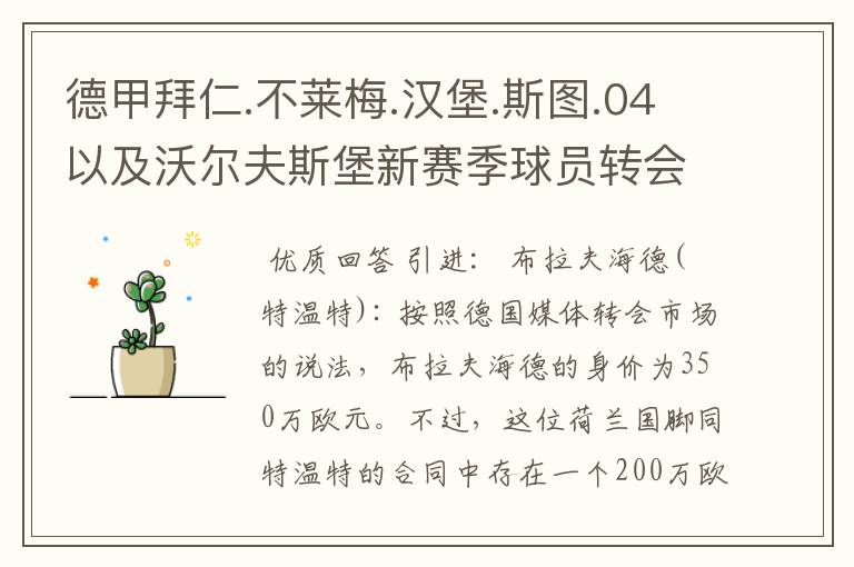 德甲拜仁.不莱梅.汉堡.斯图.04以及沃尔夫斯堡新赛季球员转会一览