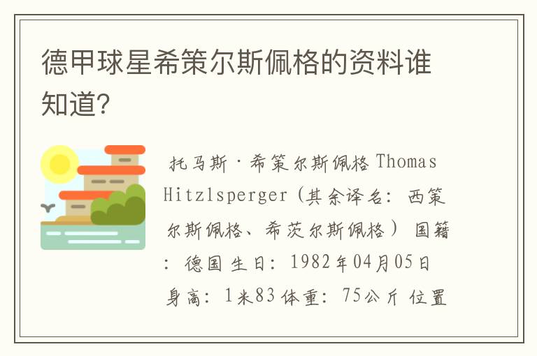 德甲球星希策尔斯佩格的资料谁知道？