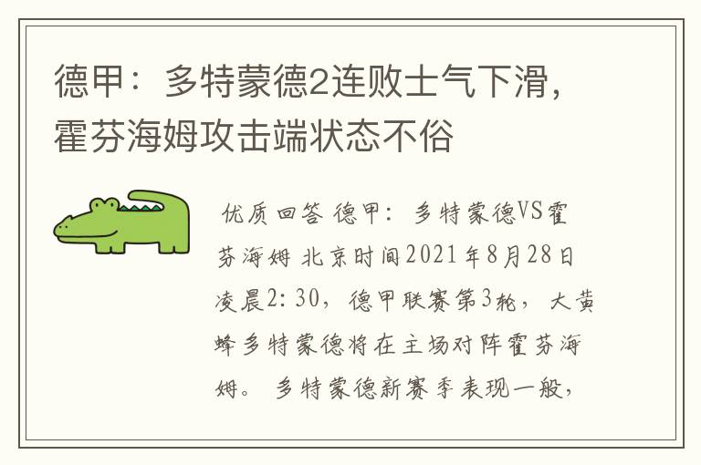 德甲：多特蒙德2连败士气下滑，霍芬海姆攻击端状态不俗