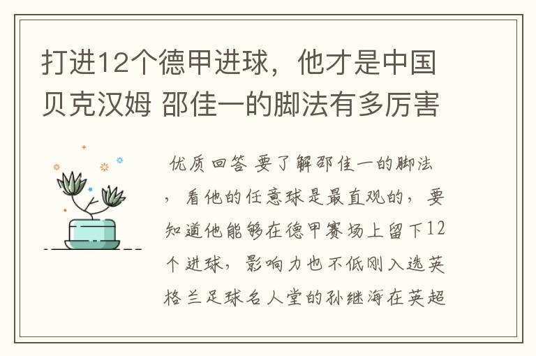 打进12个德甲进球，他才是中国贝克汉姆 邵佳一的脚法有多厉害