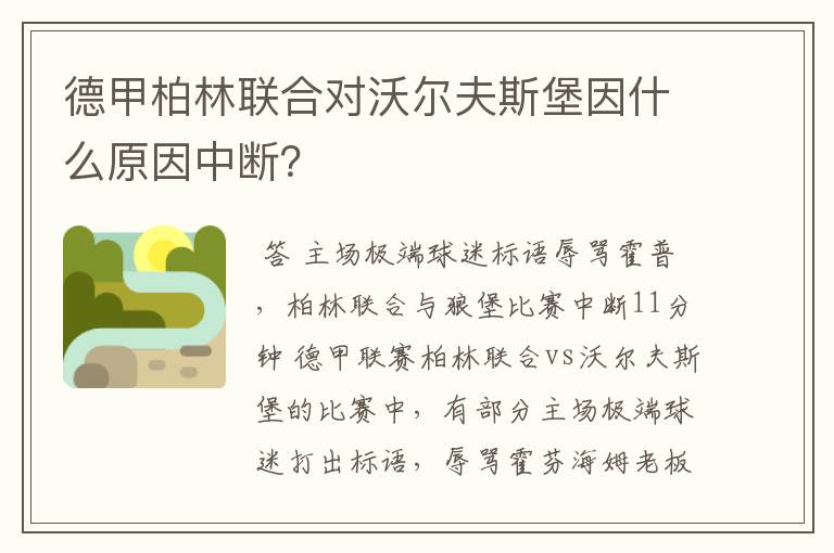 德甲柏林联合对沃尔夫斯堡因什么原因中断？