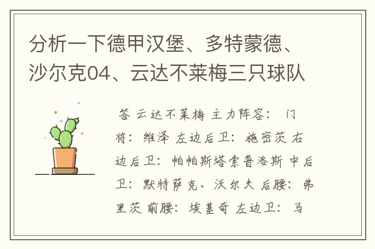 分析一下德甲汉堡、多特蒙德、沙尔克04、云达不莱梅三只球队的人员打法和阵型