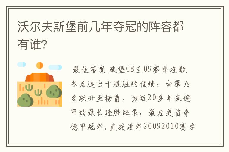 沃尔夫斯堡前几年夺冠的阵容都有谁？