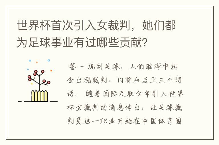 世界杯首次引入女裁判，她们都为足球事业有过哪些贡献？