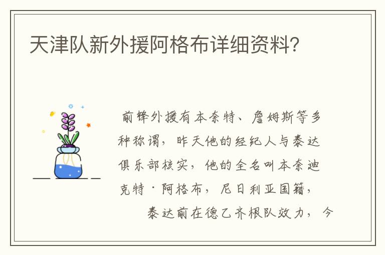 天津队新外援阿格布详细资料？