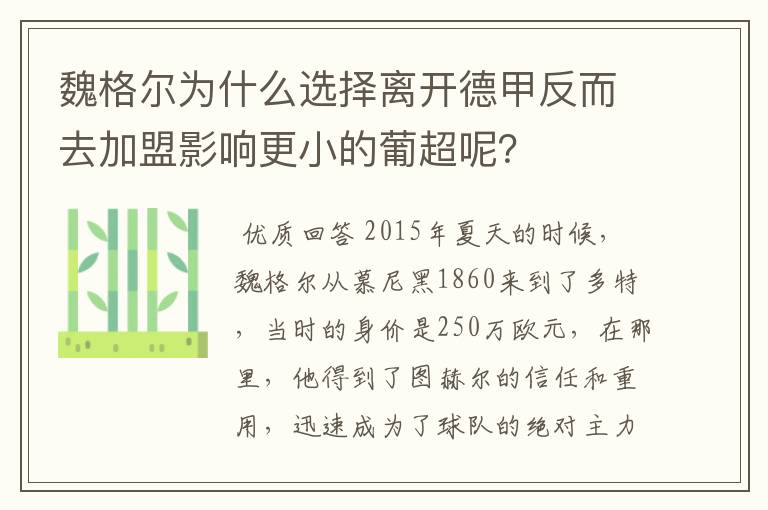 魏格尔为什么选择离开德甲反而去加盟影响更小的葡超呢？