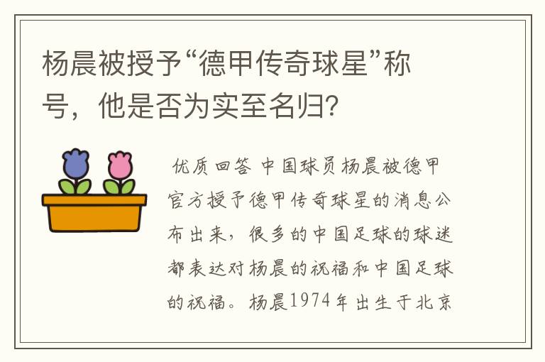 杨晨被授予“德甲传奇球星”称号，他是否为实至名归？