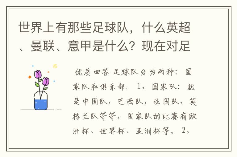 世界上有那些足球队，什么英超、曼联、意甲是什么？现在对足球有点感兴趣，但又不了解，希望有位好心的.