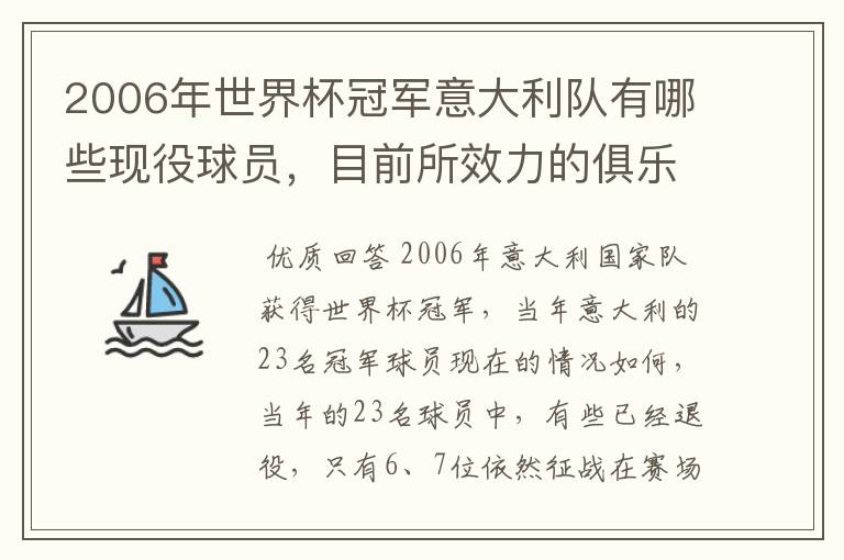 2006年世界杯冠军意大利队有哪些现役球员，目前所效力的俱乐部。