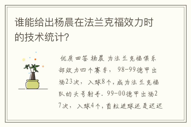 谁能给出杨晨在法兰克福效力时的技术统计？