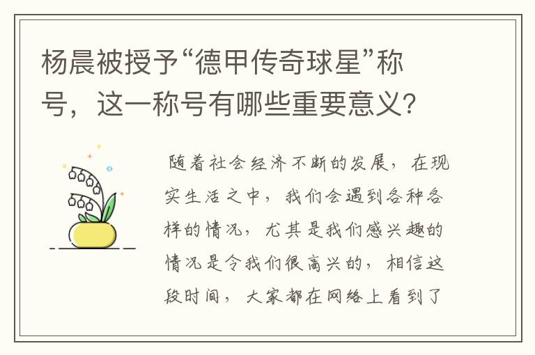 杨晨被授予“德甲传奇球星”称号，这一称号有哪些重要意义？