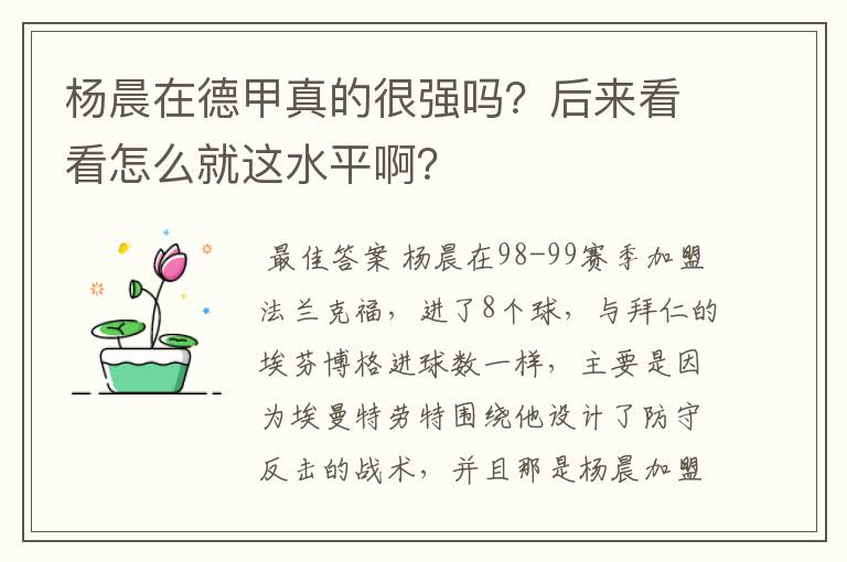 杨晨在德甲真的很强吗？后来看看怎么就这水平啊？