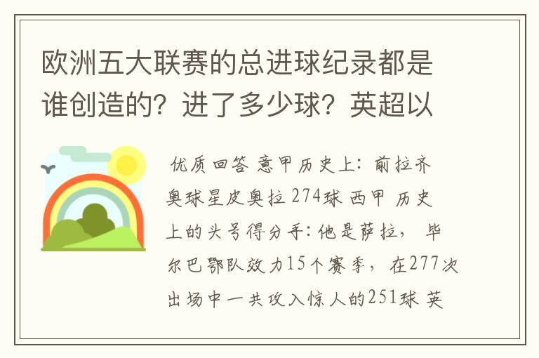 欧洲五大联赛的总进球纪录都是谁创造的？进了多少球？英超以前的英甲总进球纪录又是谁创造的？进了多少球