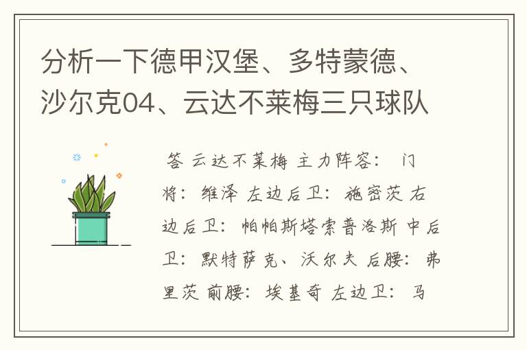 分析一下德甲汉堡、多特蒙德、沙尔克04、云达不莱梅三只球队的人员打法和阵型