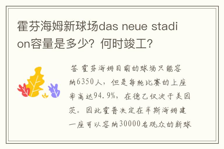 霍芬海姆新球场das neue stadion容量是多少？何时竣工？