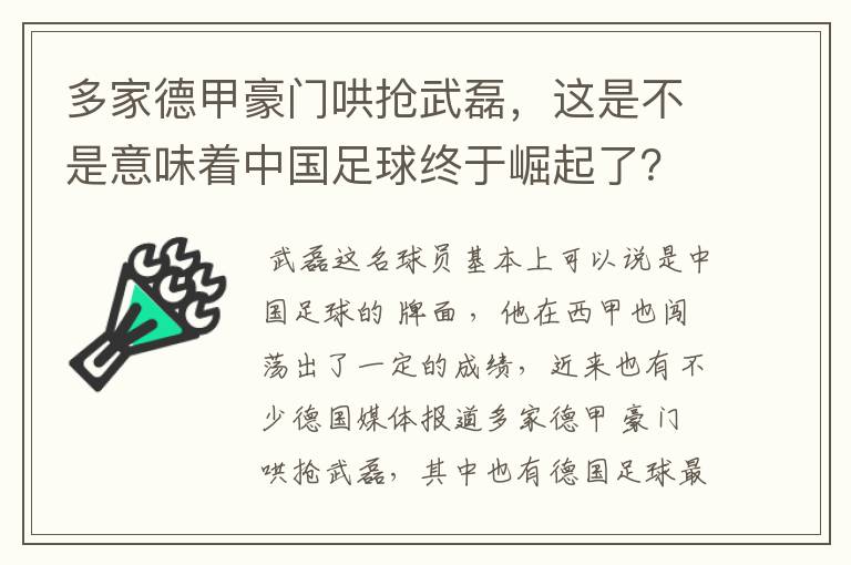 多家德甲豪门哄抢武磊，这是不是意味着中国足球终于崛起了？