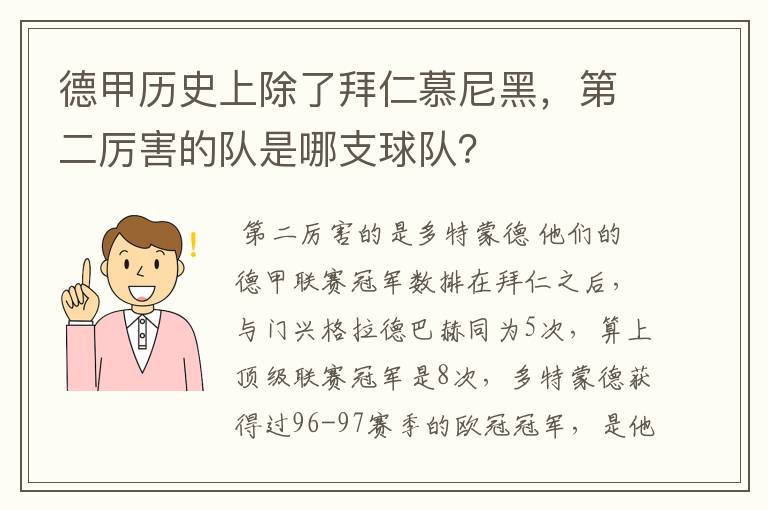 德甲历史上除了拜仁慕尼黑，第二厉害的队是哪支球队？