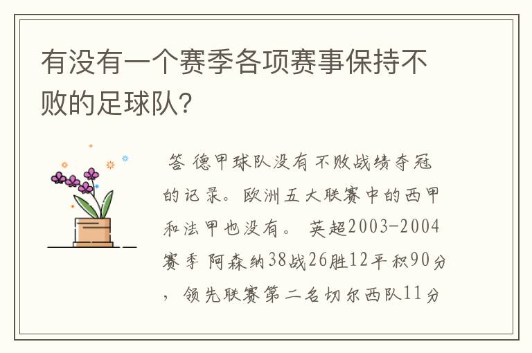 有没有一个赛季各项赛事保持不败的足球队？